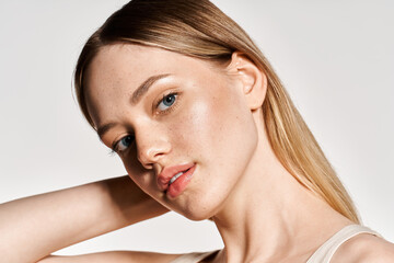 Captivating beauty with radiant skin embodies spring chic elegance in a minimalist setting