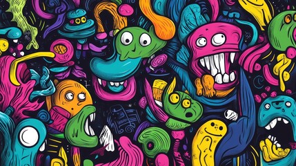 Animated monster characters filling a dark, whimsical scene