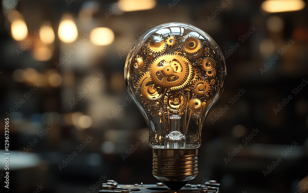 Poster tech concept with a light bulb and golden gears inside, representing creative solutions, problemsolv