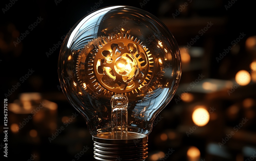 Poster tech concept with a light bulb and golden gears inside, representing creative solutions, problemsolv