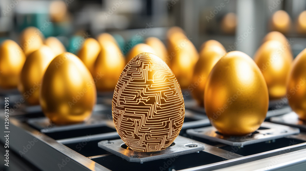 Poster a unique golden egg with a circuit pattern stands out among uniformly golden eggs in a modern factor
