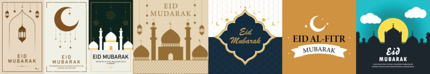 Eid Mubarak Arabic Islamic Posters Templates Design, Elegant Luxury Ornamental Moon Background with Islamic Pattern and Decorative Lantern Ornaments
