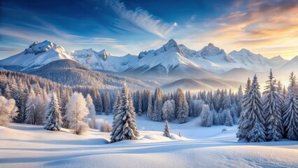 Obraz premium Frosty mountain landscape with snow-covered peaks and valleys in winter landscape, serene atmosphere, winter wonderland, frosty mountains