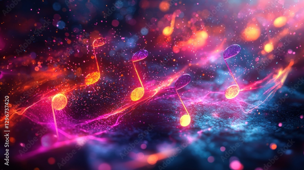 Poster floating music notes with colorful light trails and abstract background