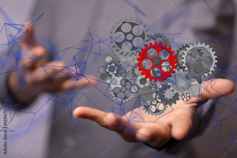 Poster gear system data. Connecting lines and dots.Big data visualization  - neural network exposure digital
