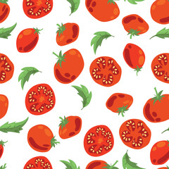 Seamless pattern of ripe tomatoes. Vegetables. Red tomatoes. Juicy Harvest. Healthy food. Vector illustration.