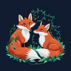 Obraz premium A pair of red foxes in a leaves, embroidered image suitable for printing on t-shirt, fabric, sticker, packaging and decor.