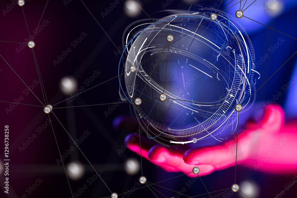 Aufkleber Global network. Blockchain. 3D illustration. Neural networks and artificial intelligence. Abstract