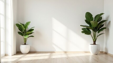 Fototapeta premium Bright Sunlight Illuminates a Minimalist Room Featuring Two Lush Potted Plants on a Light Wood Floor