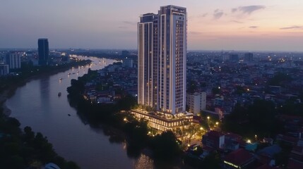 Fototapeta premium Aerial View of River and City Skyline at Dusk