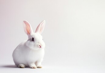 Obraz premium Cute White Rabbit Sitting with Upright Ears on Light Backdrop