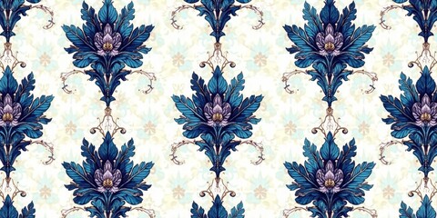 Elegant Damask Pattern with Deep Blue Floral Accents and Gilded Details on a Subtle Textured Background