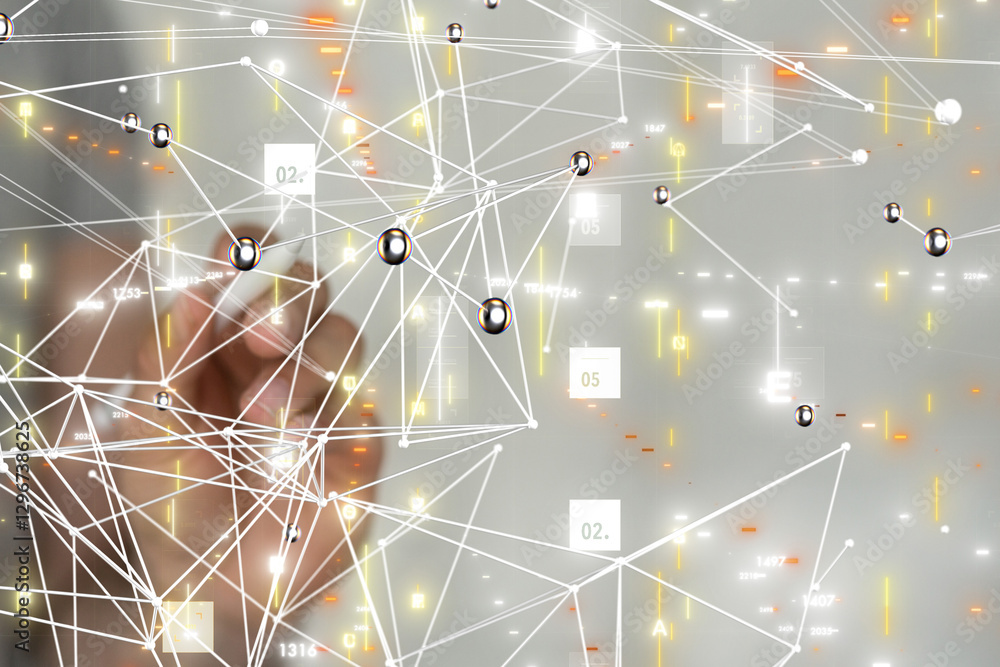 Poster Neural network 3D illustration. Big data and cybersecurity - connection