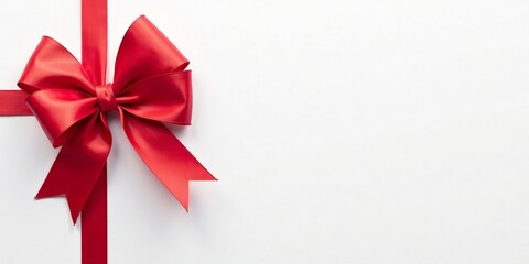 A vibrant red satin ribbon tied in a classic bow, elegantly positioned on a pristine white background, offering a clean and festive design element for various applications.