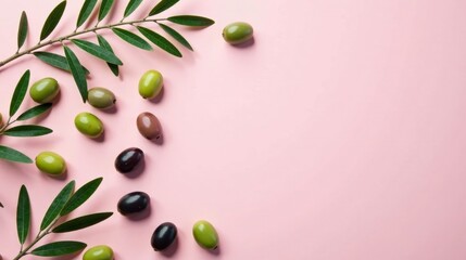 A vibrant arrangement of olives and olive branch on a pink background, showcasing a fresh and healthy culinary theme.