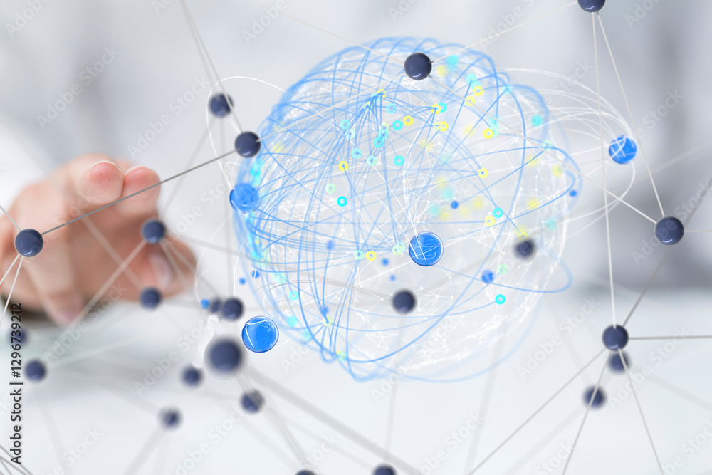 Aufkleber Global network. Blockchain. 3D illustration. Neural networks and artificial intelligence. Abstract