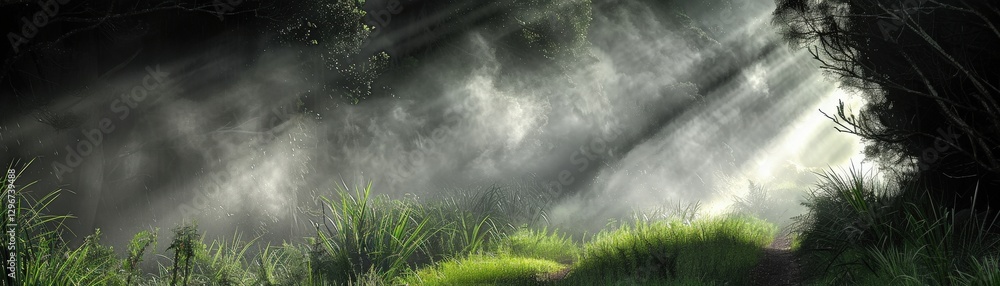 Poster a serene forest scene with soft rays of sunlight filtering through mist, creating a tranquil and mys