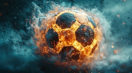 Fiery Soccer Ball in Rain - Intense Sports and Competition Concept
