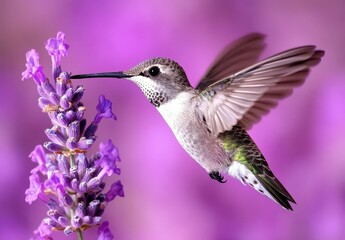 Fototapeta premium Captivating Hummingbird in Flight Near Vibrant Purple Flowers in Nature's Garden Setting