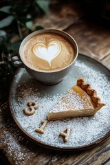 Cappuccino with heart-shaped latte art, slice of lemon tart on the side, placed in elegant setting with 314 numbers and sugar powder on top of each piece. Happy Pi Day concept.