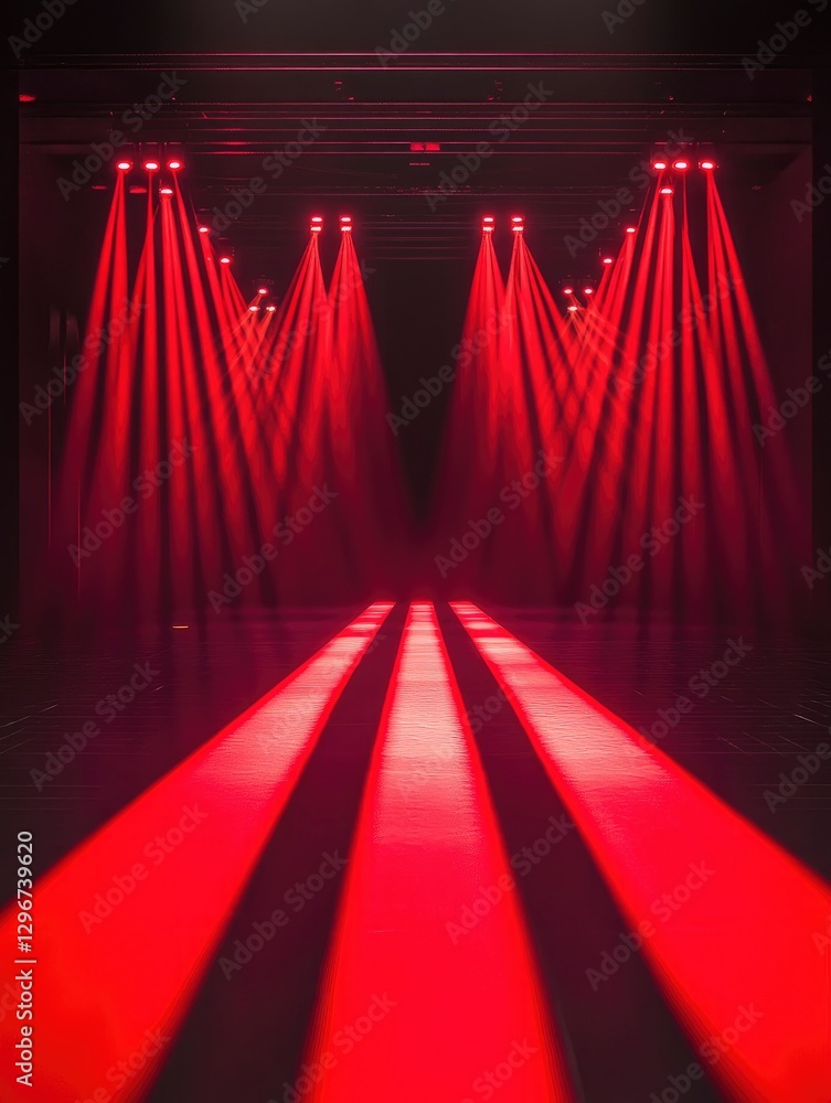 Aufkleber red laser beams shining from the top and bottom of an empty stage, serving as the background for a v