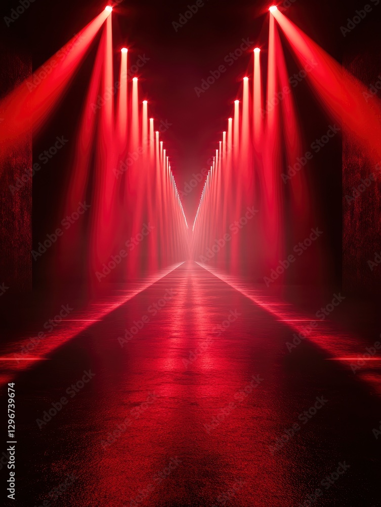 Aufkleber red laser beams shining from the top and bottom of an empty stage, serving as the background for a v