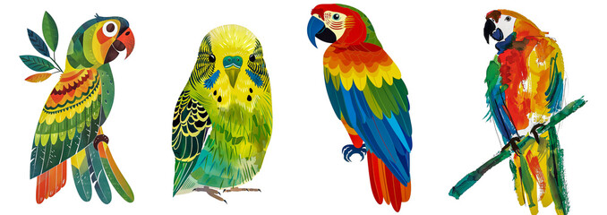 A collection of exotic parrots in vibrant colors, illustrated in a decorative folk-art style, isolated on a transparent background.