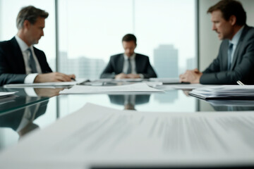 Business meeting with documents on a modern glass table.