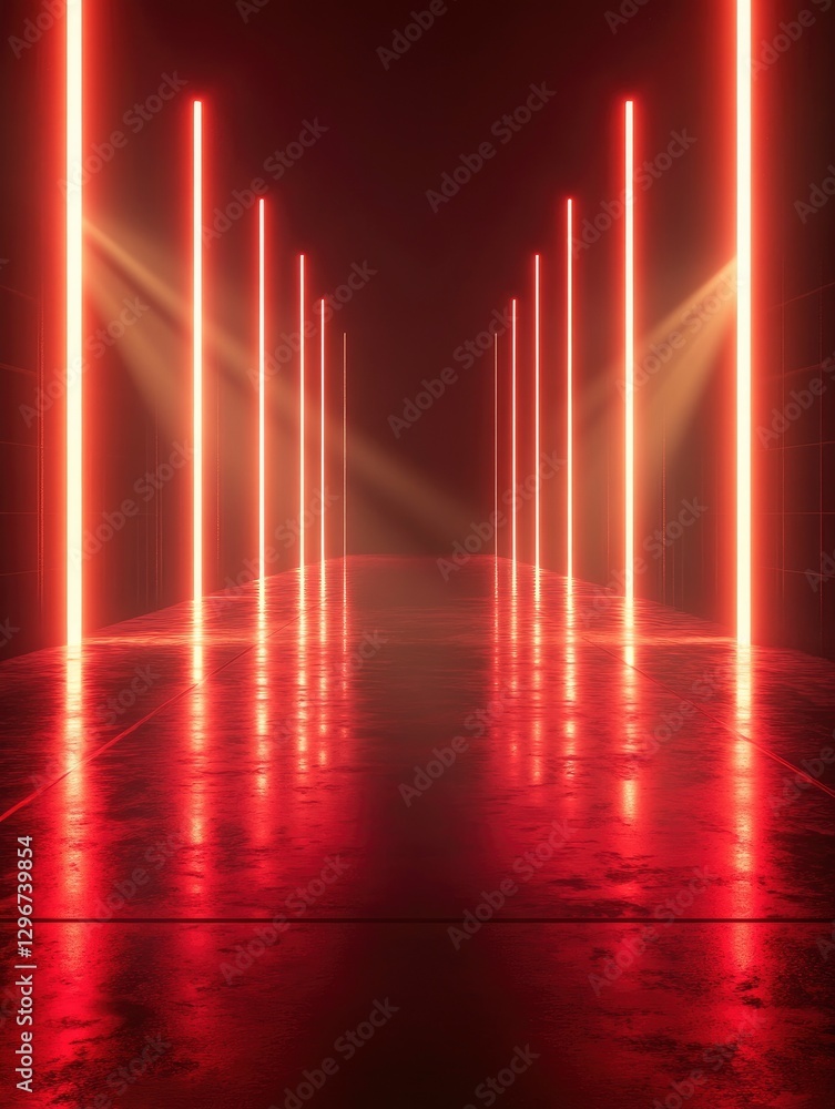 Poster red laser beams shining from the top and bottom of an empty stage, serving as the background for a v