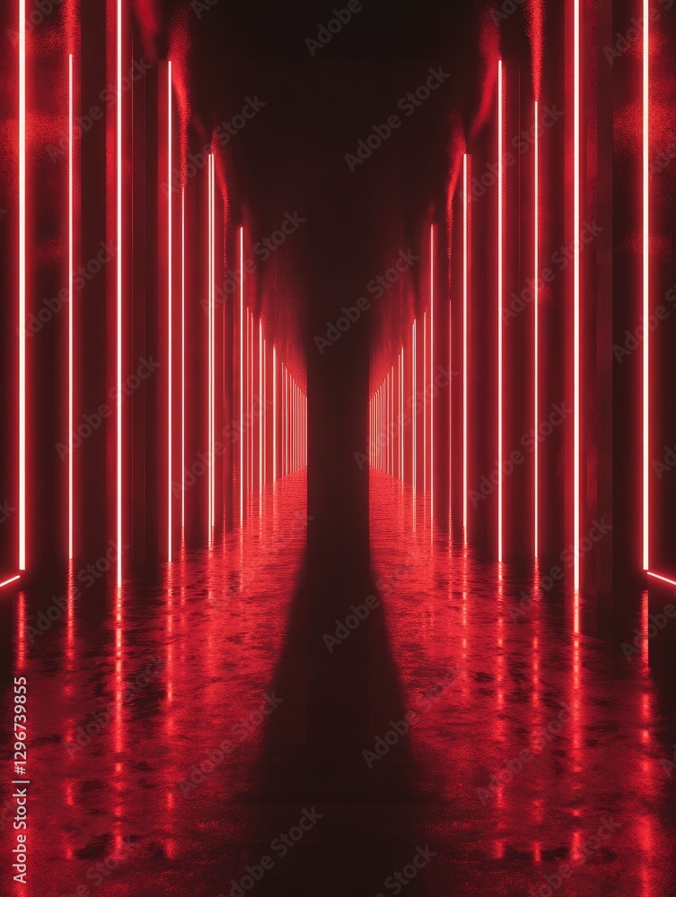 Aufkleber red laser beams shining from the top and bottom of an empty stage, serving as the background for a v