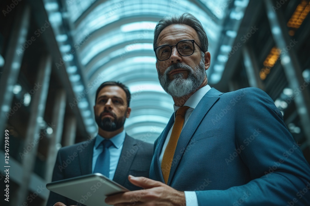 Poster two businessmen in suits discuss business using a tablet in a modern office building.