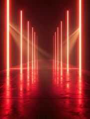 Red laser beams shining from the top and bottom of an empty stage, serving as the background for a video clip