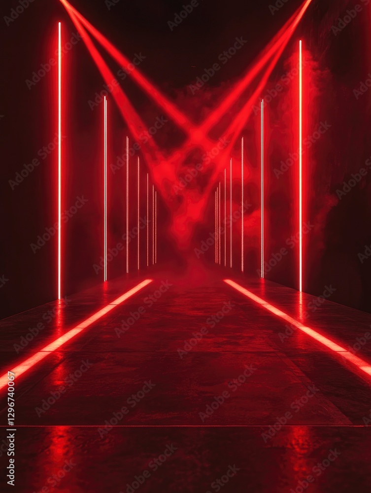 Poster red laser beams shining from the top and bottom of an empty stage, serving as the background for a v
