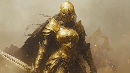 A warrior queen in golden armor, battle-worn yet regal,