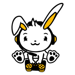 Bunny Plays Controller Console Headset Gamer Nerd Design Lover Art Vector Illustration Card T-Shirt Poster Sticker Graphic Print Decorative Drawing Isolated Logo Decoration Symbol Creative Cool Style
