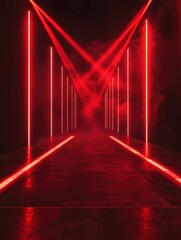 Red laser beams shining from the top and bottom of an empty stage, serving as the background for a video clip