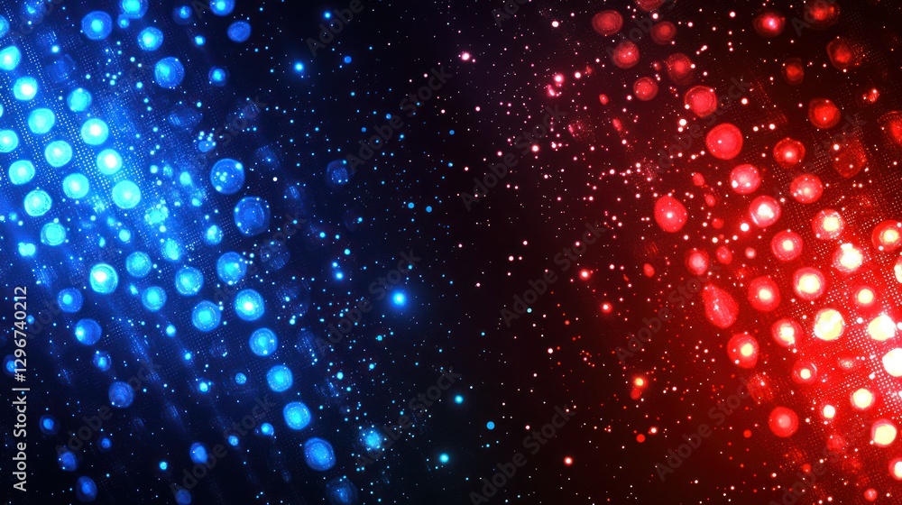Poster a digital-themed red and blue background with glowing dots and a futuristic vibe.