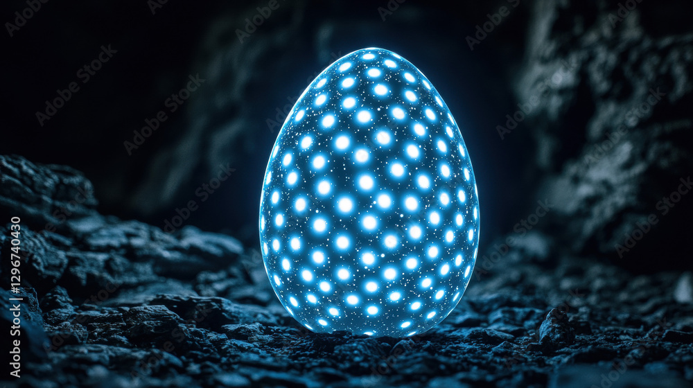 Poster a glowing blue egg with intricate dots sits on a textured surface, creating an otherworldly ambiance