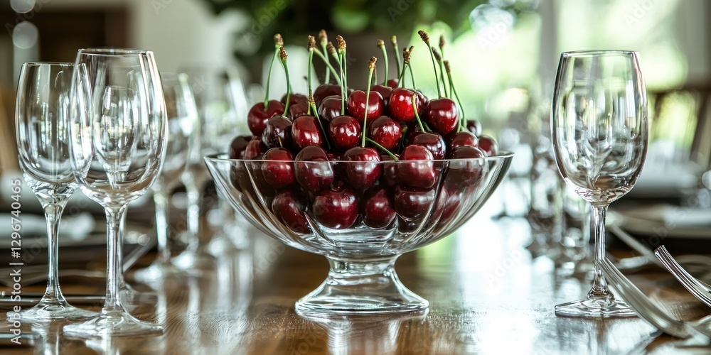 Poster a dining table setting with a large bowl of cherries as the centerpiece, surrounded by cutlery and g