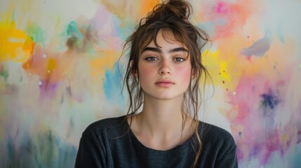 A watercolor-inspired portrait of a young woman with