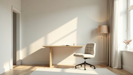Fototapeta premium Sunlit minimalist home office workspace with a light wood desk, comfortable chair, and floor lamp