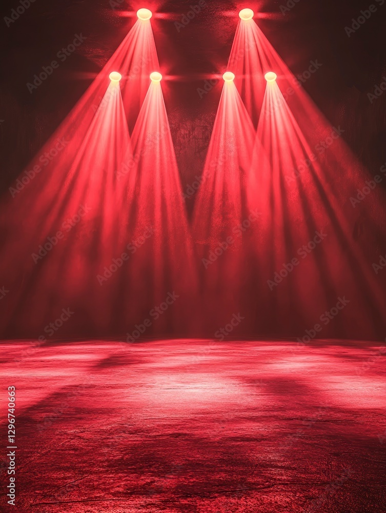 Poster red laser beams shining from the top and bottom of an empty stage, serving as the background for a v