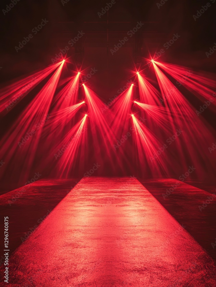Poster red laser beams shining from the top and bottom of an empty stage, serving as the background for a v