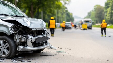 Emergency Response Scene with Wrecked Vehicle and Rescue Workers Attending Road Incident on Urban Street
