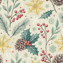 Festive pattern with pinecones, holly leaves, red berries, and snowflakes on light background. design features mix of green, red, and gold elements, creating cheerful holiday theme