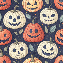 Seamless pattern of carved Halloween pumpkins with smiling faces on dark background, featuring leaves and dots for festive and spooky design