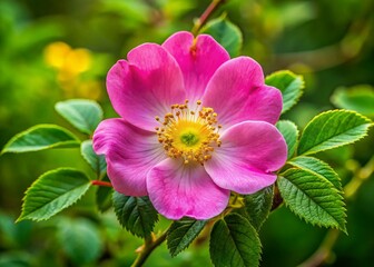 Pink Nootka Rose Blooming Wild, Close-up, Rule of Thirds Composition