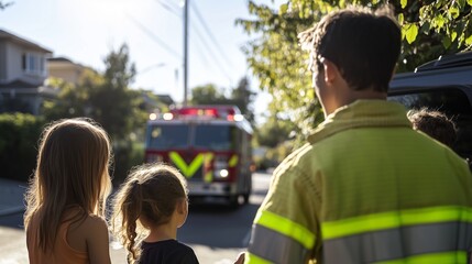 A firefighter in a neon yellow reflective jacket teaching a group of children in a suburban neighborhood about fire safety