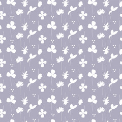 Seamless pattern with white flowers on grey background. Cute ornament with clover. Hand-drawn vector illustration for your design. 