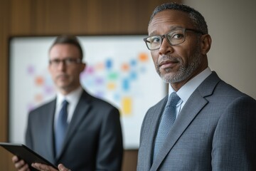 Fototapeta premium Confident African American businessman in a suit stands in front of a colleague and a whiteboard, showcasing leadership and professionalism.